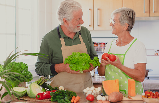 Smiling senior couple working together in home kitchen preparing vegetables enjoying healthy eating. Caucasian elderly people holding lettuce and tomatoes in hands