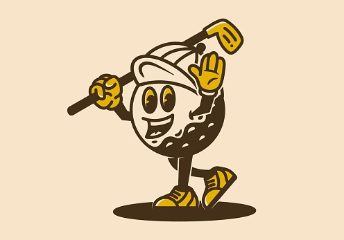Mascot character illustration of golf ball holding a golf stick