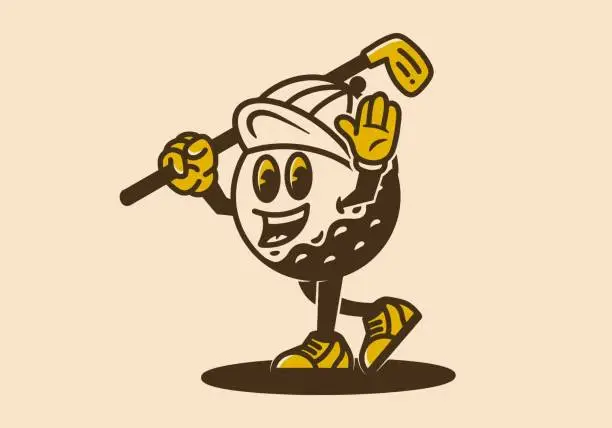 Vector illustration of Mascot character of golf ball holding a golf stick