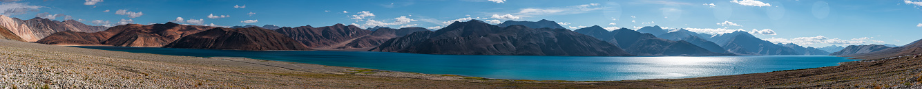 beautiful of black mountain background blue lake and some green field in front of the lake in Pangong tso, Leh Ladakh, India