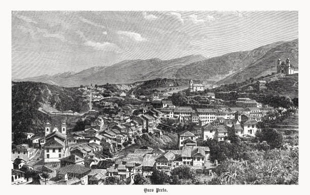 Historical view of Ouro Preto, Brazil, wood engraving, published in 1899 vector art illustration