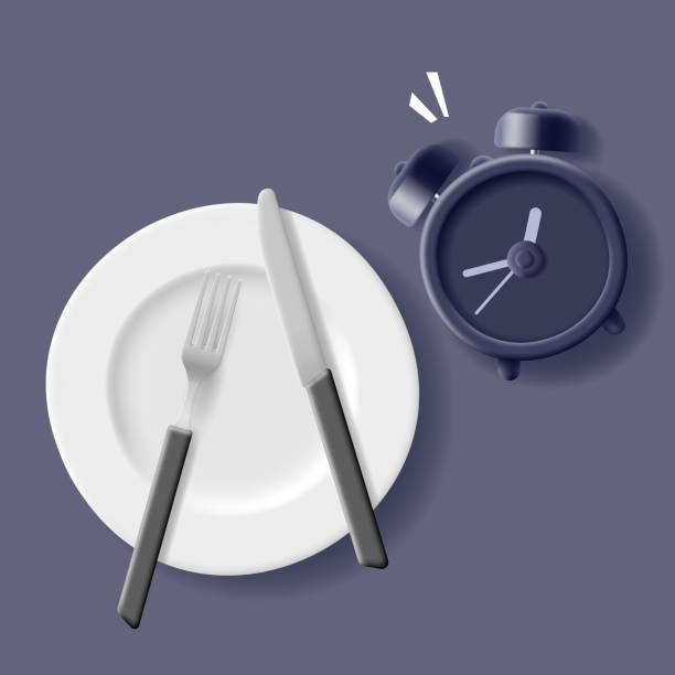 istock Alarm clock, white plate with knife and fork on dark background. Top view. Time to have breakfast. For advertising menu concepts of restaurants, cafes. 1468746540