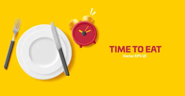 Vector illustration of White plate and cutlery with a red alarm clock on a yellow background. View from above. Modern yellow banner for design and advertisement of restaurant and cafe dishes.