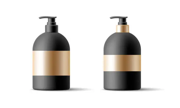 Vector illustration of Modern black jars with a dispenser and elements of gold, for elite cosmetics. Empty plastic cans for branding and advertising of soap, shampoo and other cosmetics.