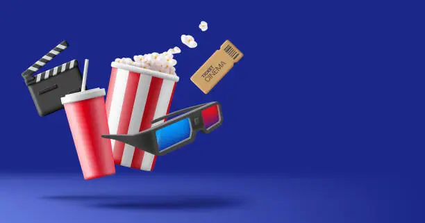 Vector illustration of 3D dynamic elements for online cinema advertising. Popcorn, soda, 3D glasses on a dark blue background. For design concepts.