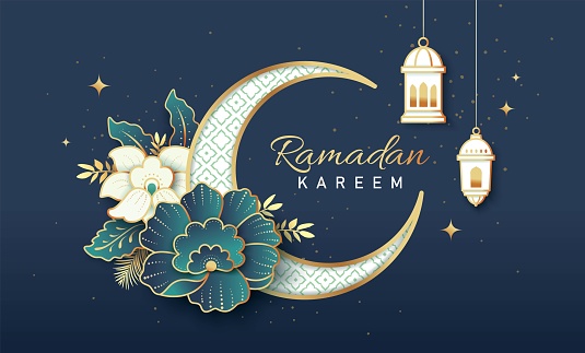 Islamic festival poster background design with flowers and lanterns, suitable for Ramadan Kareem , Hari Raya, Eid Mubarak, Eid al Adha.