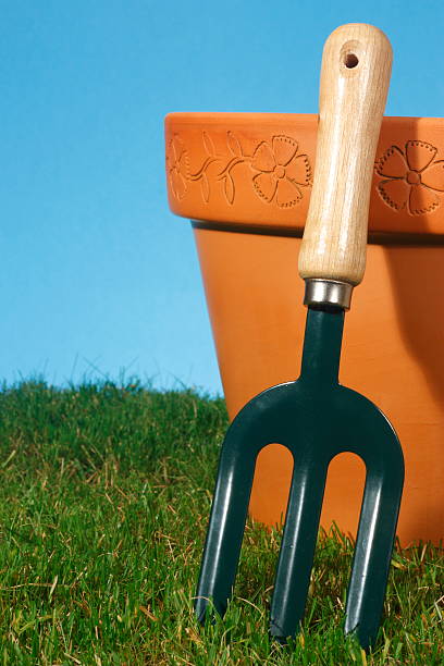 istock Gardening time with garden fork and plant pot. 146874856