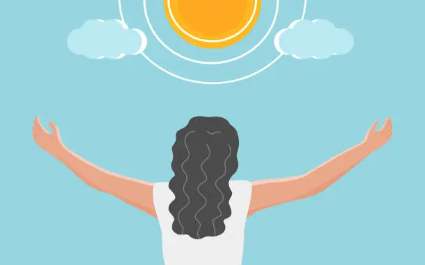 Vector illustration of A woman under the sunlight for get more vitamin D from the sun, healthy living concept. flat vector illustration.