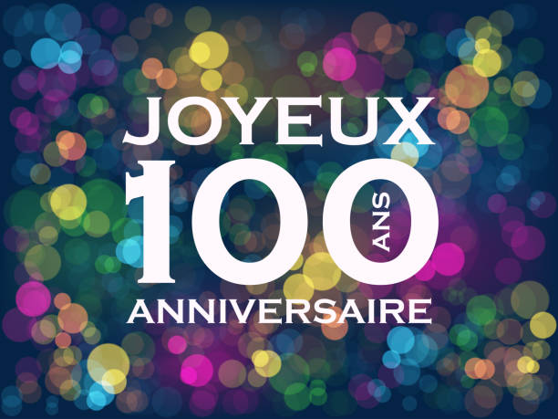 JOYEUX ANNIVERSAIRE - 100 ANS (HAPPY 100th BIRTHDAY! in French) colorful typography banner JOYEUX ANNIVERSAIRE - 100 ANS (HAPPY 100th BIRTHDAY! in French) vector typography banner on colorful bokeh anniversaire stock illustrations