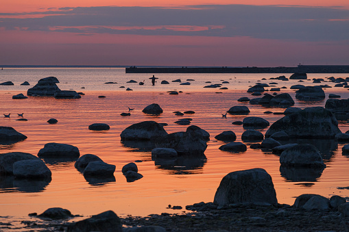 Twilight sunset on the shore of the Baltic Sea. Rocky coast.