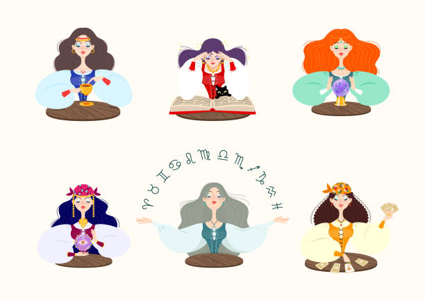 Set of fortune teller female characters vector art illustration