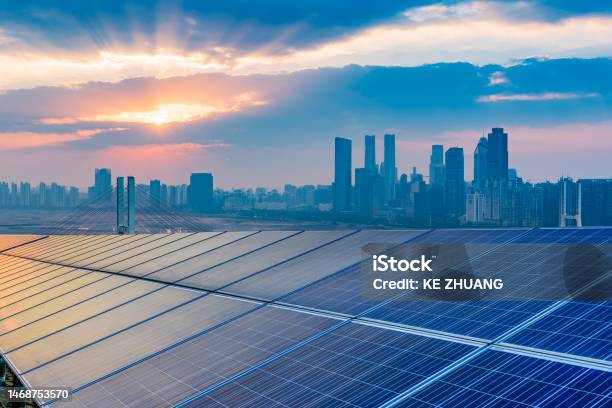 Shanghai Bund Skyline Landmark Ecological Energy Renewable Solar Panel Plant Stock Photo - Download Image Now