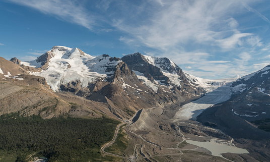 Unsurpassed, panoramic view of the high peaks and glaciers of the Columbia Icefield from the beautiful meadows along the  slopes of Mount Wilcox near the border of Banff and Jasper National Park