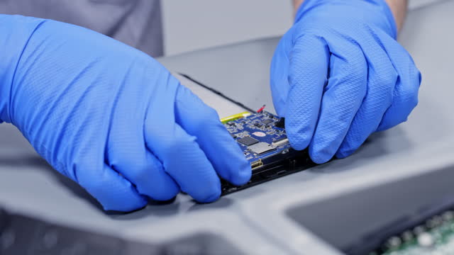 Man disconnecting the motherboard from the smartphone in the workshop