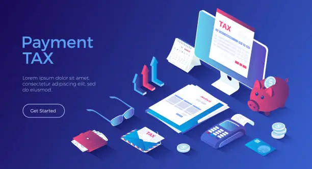 Vector illustration of Online tax payment service. Taxation, tax calculation. Tax form on the monitor, documents, money, credit card, invoice. Isometric landing page. Vector web banner.