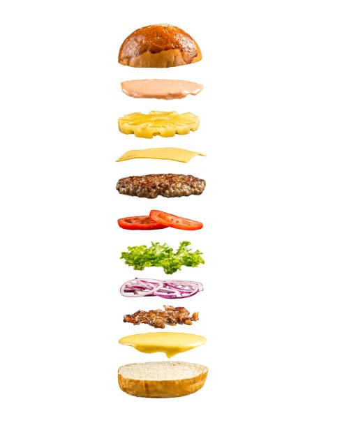 istock Isolated floating burger ingredients on the white 1468759910