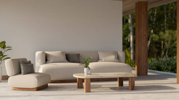 istock Luxury comfortable lounge with beautiful greenery nature view, comfortable couch 1468760015