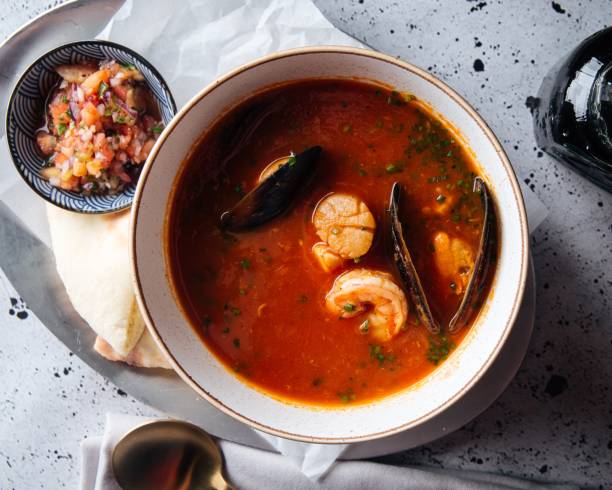 istock A bowl of seafood tomato soup served on the table 1468760020