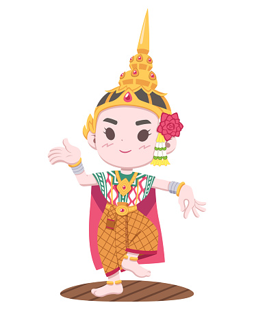 Cute style character of traditional Thai performer Khon woman cartoon illustration