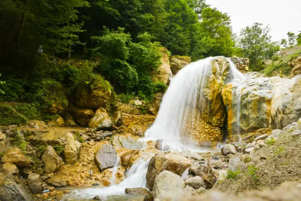 Photo of Masouleh waterfall in Iran countryside.Beautiful waterfalls in Iran Gilan province. Famous travel destinations along northeast caspian sea coast