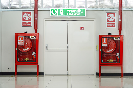 Fire extinguishers and fire hoses in corridors and fire escapes,fire protection concept