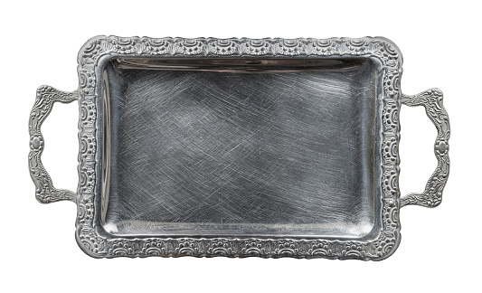 Serving plate (tray) made of metal with detailed handles modeled after the Art Nouveau style.