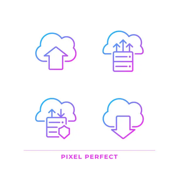 Vector illustration of Data exchange via cloud resources pixel perfect gradient linear vector icons set