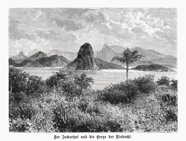 głowa cukru, rio de janeiro, brazylia, drzeworyt, opublikowane w 1899 - urca stock illustrations