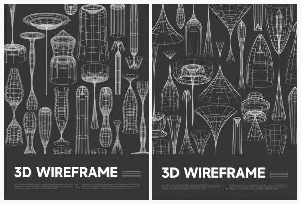 Vector illustration of abstract black and white 3D wireframe geometric structure line poster vector background collection