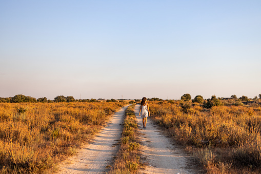 Lonely girl walking on a country road. Back view.