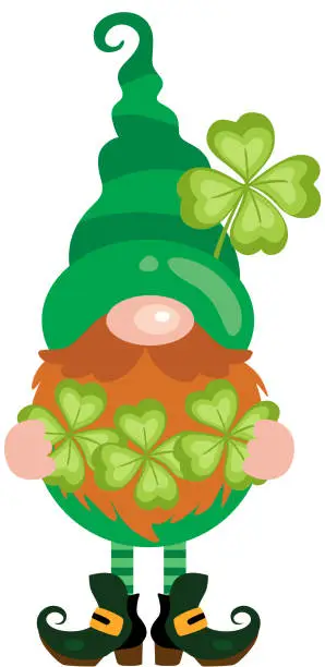 Vector illustration of Saint Patrick s Day gnome with four leaf clovers