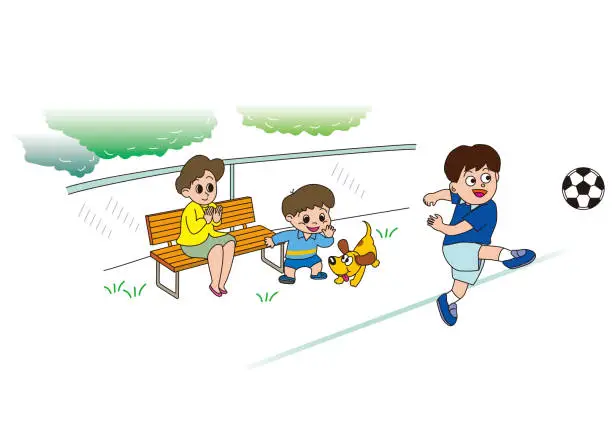 Vector illustration of Parent and childr cheering on the bench for a boy's soccer match