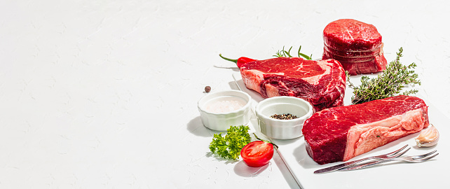 Set of various steaks with spices and herbs. Classic raw meat cuts includes ribeye, eye round and striploin steaks. Plaster white background, flat lay, banner format