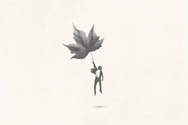 Illustration of man suspended on air with a big leaf, surreal abstract concept vector art illustration