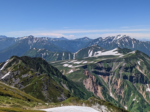 Goshikigahara and the Northern Alps can be seen from Mt. Jodo in the Tateyama Mountain Range in July. Tateyama Town, Toyama Prefecture, Japan