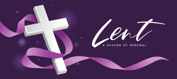 Lent, the season of renewal - white 3D cross crucifix with Line purple ribbon rolling and light around on dark background vector design Lent, the season of renewal - white 3D cross crucifix with Line purple ribbon rolling and light around on dark background vector design lent stock illustrations