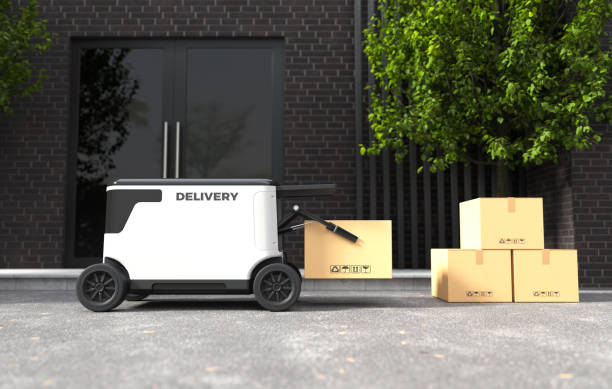 istock Self-driving delivery, The robot is delivering the goods, Autonomous delivery robotic 1468772403