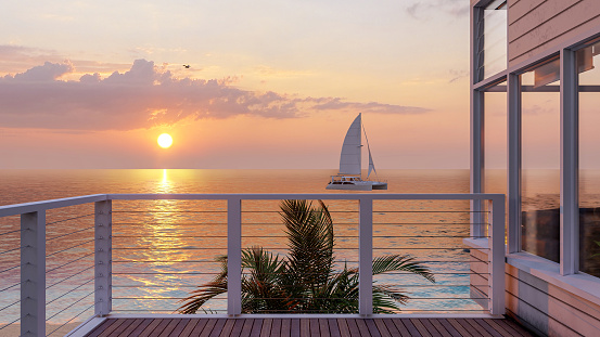 istock Outdoor seaside wooden balcony deck and beautiful sea view on sunset, 3d rendering 1468772500