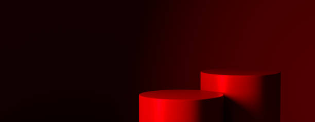 istock Red podium for premium product placement on dark background. Pedestal studio display mockup. luxury platform stand design template. 1468773617