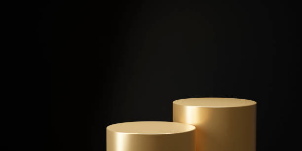 istock Luxury golden product podium stand with spotlight on black background 1468773655