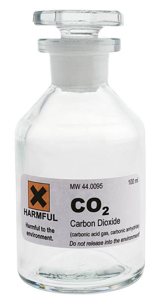 Clear flask of Carbon Dioxide with typed white label