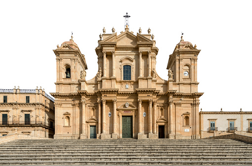 Noto Cathedral (Basilica and Cathedral of San Nicolò), isolated on white background. Sicilian and Baroque style. Small town of Noto, UNESCO world heritage site, Syracuse province (Siracusa), Sicily Island, Italy, Europe.