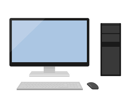 Color illustration of desktop computer with keyboard and mouse