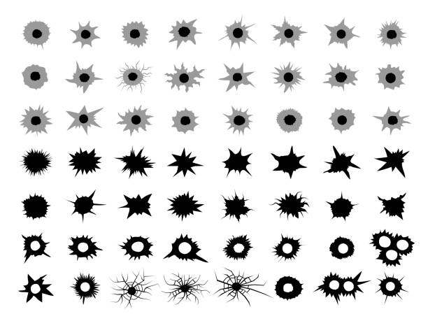 ilustraciones, imágenes clip art, dibujos animados e iconos de stock de agujeros de bala. puntos agrietados del área de disparos siluetas vectoriales recientes colección de daños de bala de agujero, rotura y grieta - bullet bullet hole hole glass