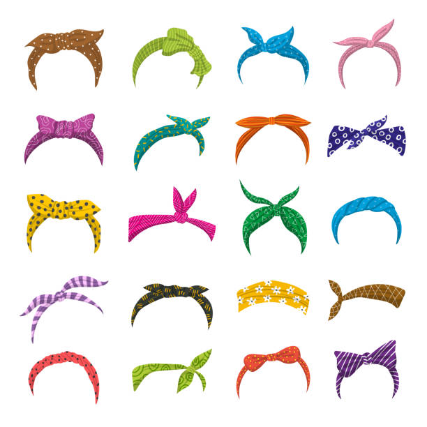 ilustrações, clipart, desenhos animados e ícones de faixa de cabeça da mulher. lenço retrô na cabeça para senhoras fitas e arcos recente coleção vetorial de headband de moda, bandana - faixa de cabelo