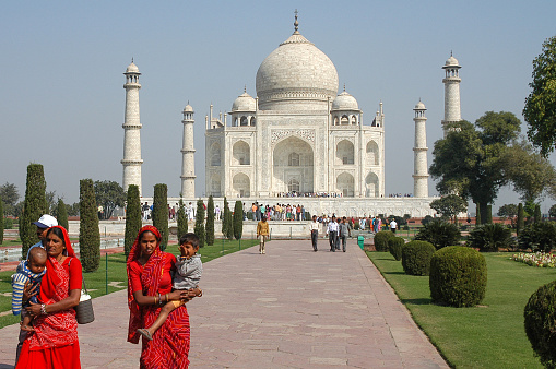 Agra, Uttar Pradesh, India - March 07, 2006: Scene in the gardens of the Taj Mahal mausoleum