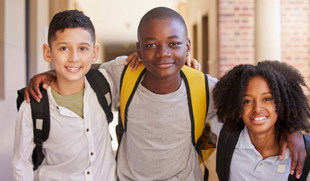 istock Students, diversity and education portrait, learning and happy smile after class, support or teen children. Friends, school campus and scholarship community, academy or excited for knowledge together 1468776274