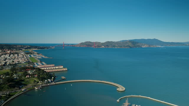 AERIAL Beautiful Golden Gate Bridge in San Francisco, California on a sunny day