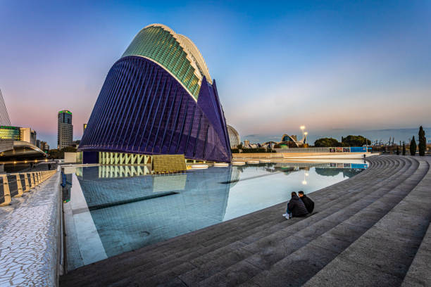 The covered Agora Plaza seen at sunset. Photo was taken on the 10th of February 2023 in the City of Arts and Sciences complex, Valencia, Spain.