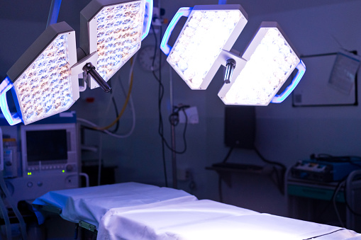 Surgical lights in operating theater at hospital, no people.